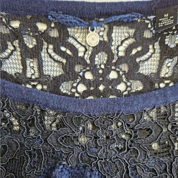 Anthropologie Knitted & Knotted Wool Cashmere Blend Ruffle Lace Sweater Navy M - Picture 7 of 11
